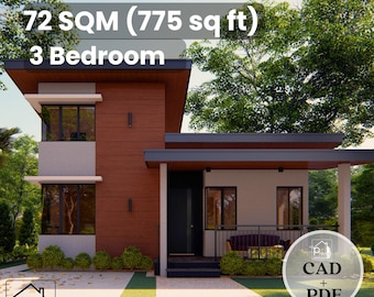 May include: A two-story house design featuring a brown wood-paneled facade, gray walls, and a flat roof. The text reads 72 SQM (775 sq ft) 3 Bedroom, with a circular badge indicating CAD + PDF availability and a Philein Budget Homes logo.