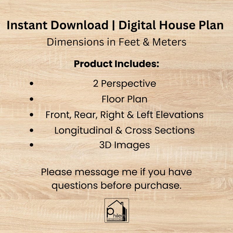 May include: Digital house plan with dimensions in feet and meters. The product includes 2 perspectives, a floor plan, elevations, sections, and 3D images. The text encourages questions before purchase.