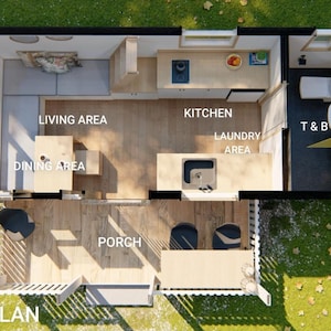 May include: A 3D floor plan of a small house with labeled areas: living area, dining area, kitchen, laundry area, porch, and T&B (toilet and bath). The house has a modern design with wooden floors and a green lawn surrounding it.