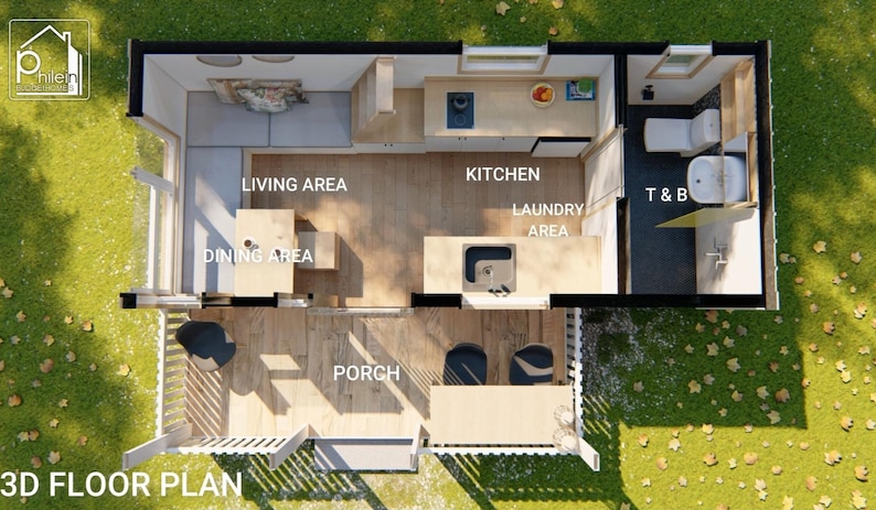 May include: A 3D floor plan of a small house with labeled areas: living area, dining area, kitchen, laundry area, porch, and T&B (toilet and bath). The house has a modern design with wooden floors and a green lawn surrounding it.