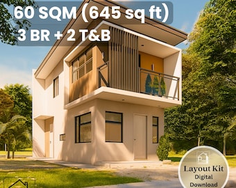 Może przedstawiać: Nowoczesny dwupiętrowy dom z białym zewnętrzem, brązowymi akcentami i balkonem. Obraz zawiera tekst "60 SQM (645 sq ft) 3 BR + 2 T&B" i "Layout Kit Digital Download". Dom otoczony jest zielenią i błękitnym niebem.