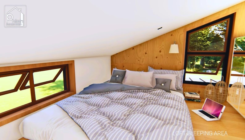 loft bedroom with vaulted ceiling that can fit a queen-size bed and storage cabinet