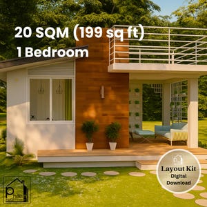 May include: A modern one-bedroom house design with a white exterior, wooden accents, and a balcony. The image includes the text "20 SQM (199 sq ft) 1 Bedroom" and a logo that says "Layout Kit Digital Download". The house is surrounded by greenery.