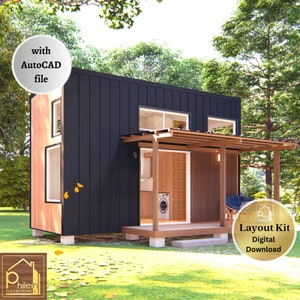 Tiny House Plan with double loft & porch, Basic Floor Plan, Layout Kit plans, Elevation Sections, with CAD file, Digital Download