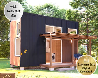 Tiny House Plan with double loft & porch, Basic Floor Plan, Layout Kit plans, Elevation Sections, with CAD file, Digital Download