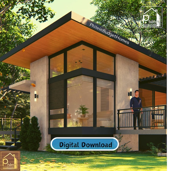 Modern family house design (3 - BEDROOMS, 2 Toilet & Bath, porch) | Layout Kit (Basic Floor Plan, Elevation Sections) | Digital Download