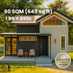 20' x 27' Modern House Plan - 645 Sq Ft 2 Bedroom with Balcony & Covered Porch - Floor Plan Elevations - Instant Download PDF - 60 sqm Home