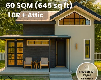 20' x 27' Modern House Plan - 645 Sq Ft 2 Bedroom with Balcony & Covered Porch - Floor Plan Elevations - Instant Download PDF - 60 sqm Home