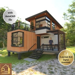 Modern House Plan with 3 bedrooms, veranda, porch, and roof deck | Layout Kit, with AutoCAD file | Digital Download