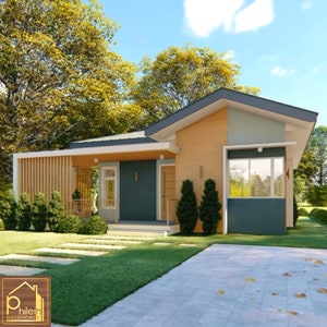 Ruim ontwerp bungalowhuis met 2 slaapkamers, serviceruimte en veranda van 43 m² | Basisplattegrond, digitale pdf-download