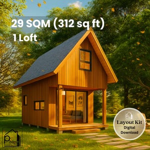 Plan de cabine confortable de 10 pi x 20 pi - Grenier de 312 pieds carrés pour 2 personnes avec porche et foyer - Plan d'étage et élévations - Téléchargement instantané du PDF - 29 m²