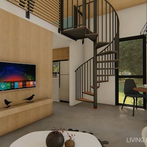 May include: Interior design rendering of a modern living and dining area. Features include a spiral staircase, a wall-mounted TV, and a small dining table with two chairs. The room has a neutral color palette with wooden accents and geometric light fixtures.