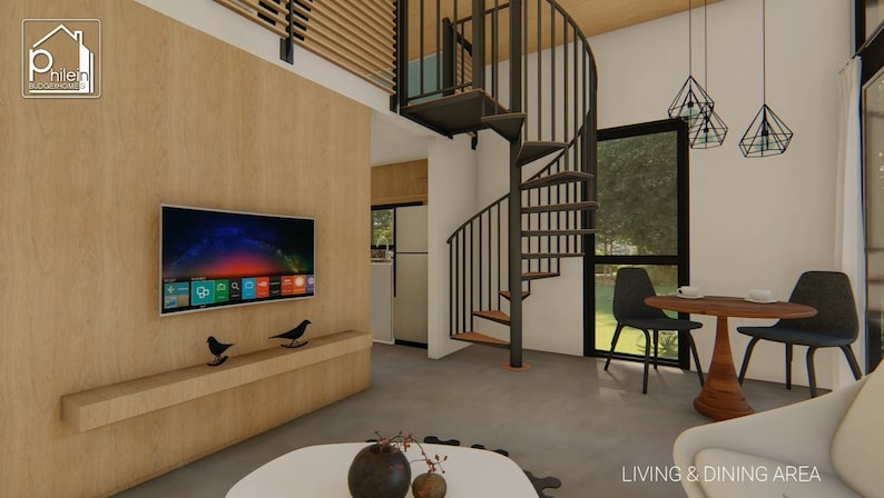 May include: Interior design rendering of a modern living and dining area. Features include a spiral staircase, a wall-mounted TV, and a small dining table with two chairs. The room has a neutral color palette with wooden accents and geometric light fixtures.