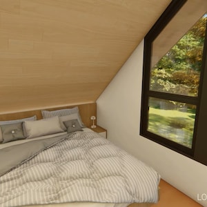 May include: A loft bedroom with a bed, pillows, and a comforter. The room has a sloped ceiling and a large window with a view of trees. The walls are white and the ceiling is wood. The bed has a wooden headboard and two small bedside tables.