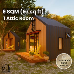 May include: Two small, modern cabins with wooden siding and dark gray roofs are set in a grassy area. The cabins have decks with yellow chairs and potted plants. Text on the image reads "9 SQM (97 sq ft) 1 Attic Room" and "Layout Kit Digital Download."