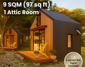 10' x 10' Modern Cabin Plan – 1 Bedroom Attic with Porch – 97 Sq Ft Tiny House Floor Plan & Elevations – Instant Download - 9 sqm Tiny Home