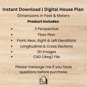 Puede incluir: Plano de casa digital disponible para descarga instant&aacute;nea. Incluye 2 perspectivas, plano de planta, alzados, secciones, im&aacute;genes 3D y archivo CAD. Dimensiones en pies y metros. Contacte para preguntas.