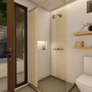 May include: Interior view of a modern bathroom with a shower, toilet, and shelves. The shower area features a beige tile accent wall. Wooden shelves hold decorative items. A large window offers a view of the outdoors. The text "TOILET & BATH" is visible.