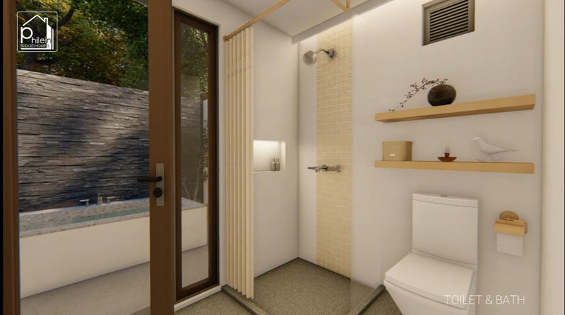 May include: Interior view of a modern bathroom with a shower, toilet, and shelves. The shower area features a beige tile accent wall. Wooden shelves hold decorative items. A large window offers a view of the outdoors. The text "TOILET & BATH" is visible.