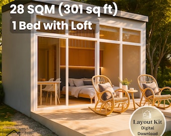 301 Sq Ft Tiny Cabin Plan – Studio Loft with Deck – Floor Plan & Elevations – Instant Download 28 sqm