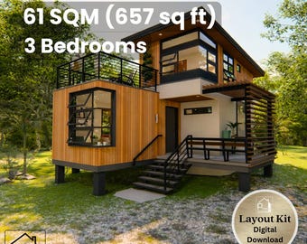 27' x 35' Modern House Plan - 656 Sq Ft 3 Bedroom with Roof Deck & Home Office - Instant Download PDF - 61 sqm Small Home Layout Kit