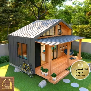 Cute Tiny House Plan (with loft bedroom and porch)  | Layout Kit (Basic Floor Plan, Elevation Sections) | Digital Download