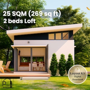 Puede incluir: Diseño de loft moderno, blanco y negro, con dos dormitorios, con una superficie total de 25 metros cuadrados. La imagen muestra un kit de diseño digital, con un diseño de casa pequeña, puertas de vidrio y una terraza de madera.