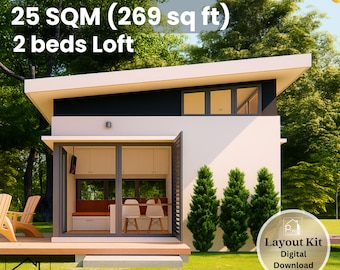 May include: A modern, white and black two-bedroom loft design, with a total area of 269 sq ft. The image shows a digital layout kit, with a small house design, glass doors, and a wooden deck. The house is surrounded by trees and grass.