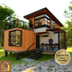 Modern House Design (with 3 bedrooms, veranda, porch, and roof deck) | Layout Kit (Basic Floor Plan, Elevation Sections) | Digital Download