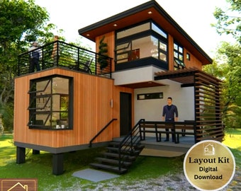 Modern House Design (with 3 bedrooms, veranda, porch, and roof deck) | Layout Kit (Basic Floor Plan, Elevation Sections) | Digital Download