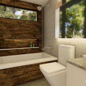 May include: A modern bathroom with a white bathtub, toilet, and sink. The wall behind the tub is covered in brown stone tiles. A window offers a view of trees. The text "TOILET & BATH" is visible.