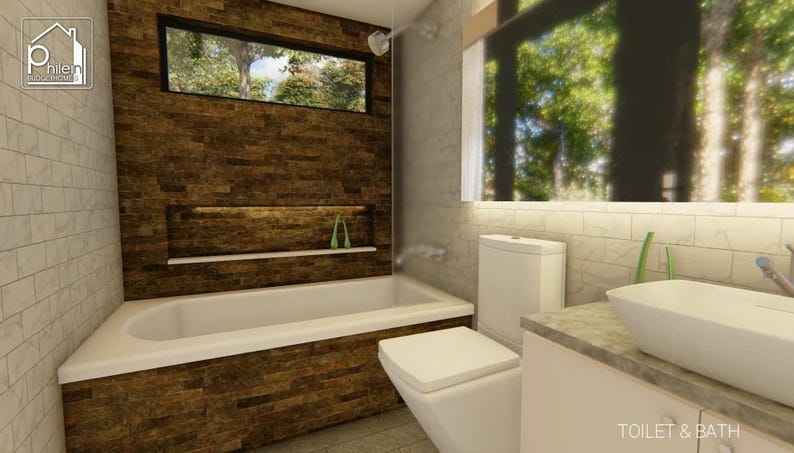 May include: A modern bathroom with a white bathtub, toilet, and sink. The wall behind the tub is covered in brown stone tiles. A window offers a view of trees. The text "TOILET & BATH" is visible.