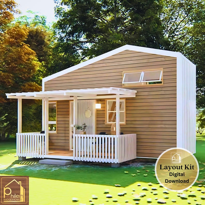 May include: A digital rendering of a small house with a porch and white railing. The house has brown siding and a white roof. The image includes the text "Layout Kit Digital Download".