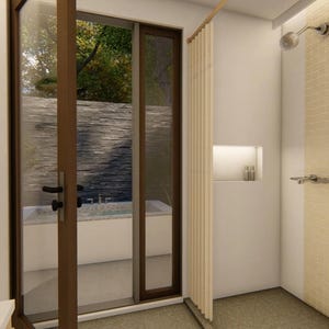 May include: A modern bathroom interior with a shower, wooden towel racks, and a large glass door leading to an outdoor area. The walls are white, and the shower area has a light-colored tile design. A brown towel hangs on the rack.