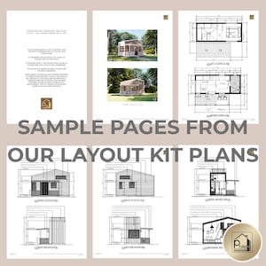 May include: A collection of architectural layout kit plans, featuring detailed drawings and perspective views of a tiny house design with a loft. The pages include front, rear, and side elevations, along with floor plans. The text reads "Sample Pages From Our Layout Kit Plans."