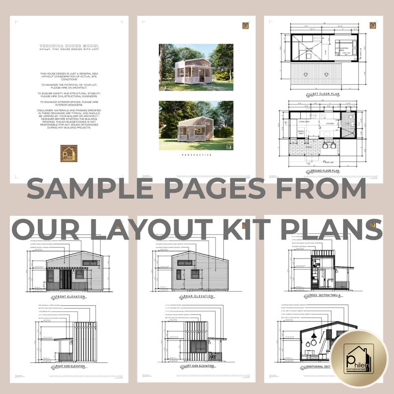 May include: A collection of architectural layout kit plans, featuring detailed drawings and perspective views of a tiny house design with a loft. The pages include front, rear, and side elevations, along with floor plans. The text reads "Sample Pages From Our Layout Kit Plans."