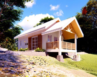 50 sqm Farmhouse Plan - 1 Bedroom with Loft - Floor Plan & Elevations - Instant Download