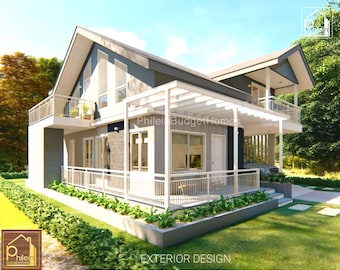 Simple 3 Bedroom House Design with porch and balcony 1291 square feet | Basic Floor Plan, with Elevation Section | Digital Download