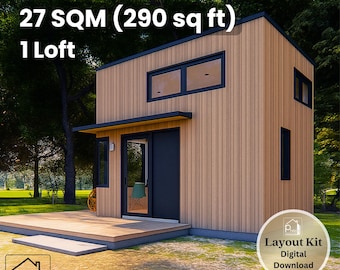 Peut inclure: Une petite cabane moderne avec un revêtement en bois brun clair, des bordures noires et un petit porche. Le texte "27 m² (27 m²) 1 Loft" est visible, ainsi qu'un logo "Layout Kit Digital Download".