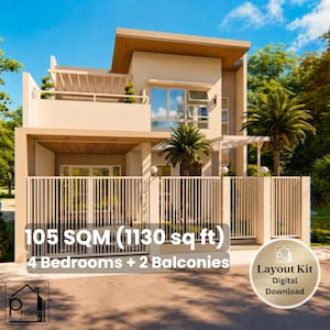 Peut inclure: Une maison moderne à deux étages avec un extérieur beige, une clôture blanche et des palmiers. L'image indique que la maison fait 105 mètres carrés (1130 pieds carrés), avec 4 chambres et 2 balcons. Un kit de mise en page numérique est disponible.