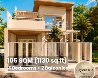 May include: A modern two-story house with a beige exterior, white fence, and palm trees. The image includes text indicating the house has 105 square meters (1130 sq ft), 4 bedrooms, and 2 balconies. A digital layout kit is available.