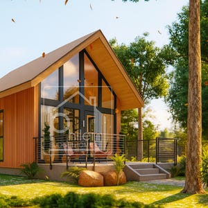May include: A modern cabin with a wooden exterior and a large glass front. The cabin has a sloped roof and a small porch with a railing. The surrounding area features lush green grass and trees.