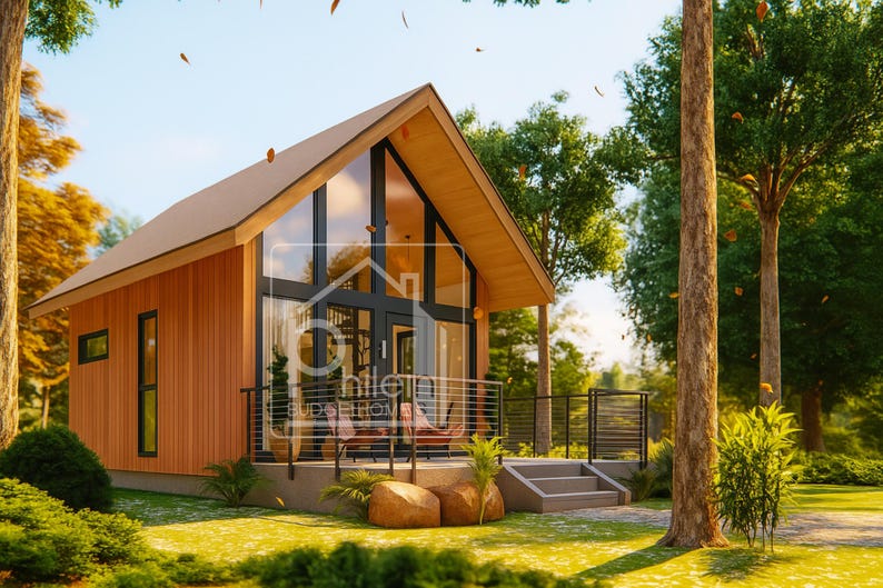 May include: A modern cabin with a wooden exterior and a large glass front. The cabin has a sloped roof and a small porch with a railing. The surrounding area features lush green grass and trees.
