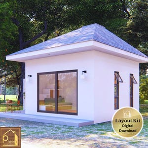 Modern Cabin House Design 366 square feet with loft bedroom | Basic Floor Plan with Elevations and Sections | Instant Download