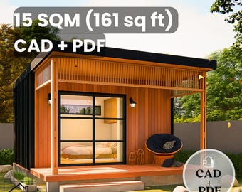 Plano de cabaña moderna de 3 x 5 metros (10' x 17') – 1 dormitorio con porche – Minicasa de 15 m² (161 pies cuadrados) – Kit de diseño y archivo CAD – Descarga instantánea