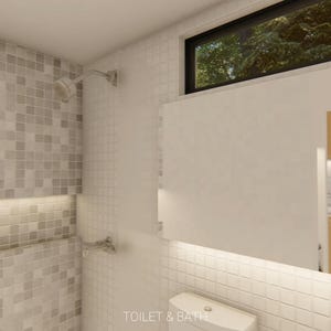 Puede incluir: Dise&ntilde;o de ba&ntilde;o moderno con ducha con pared de azulejos de mosaico y estante empotrado. El espacio incluye un espejo grande, una ventana con vista a &aacute;rboles y un inodoro. El texto "TOILET & BATH" es visible.