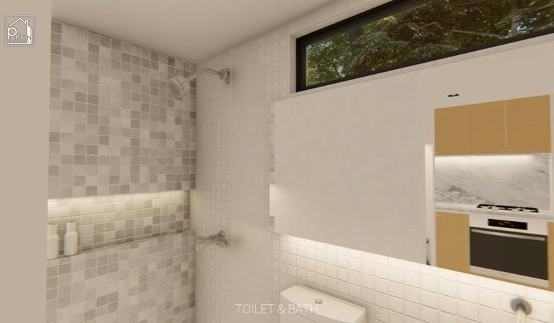 Puede incluir: Dise&ntilde;o de ba&ntilde;o moderno con ducha con pared de azulejos de mosaico y estante empotrado. El espacio incluye un espejo grande, una ventana con vista a &aacute;rboles y un inodoro. El texto "TOILET & BATH" es visible.