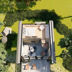 May include: An aerial view of a modern cabin with a bedroom, living area, and outdoor patio. The cabin is surrounded by lush greenery, including trees and bushes. The interior features a bed, sofa, and spiral staircase. The patio has two wooden chairs.