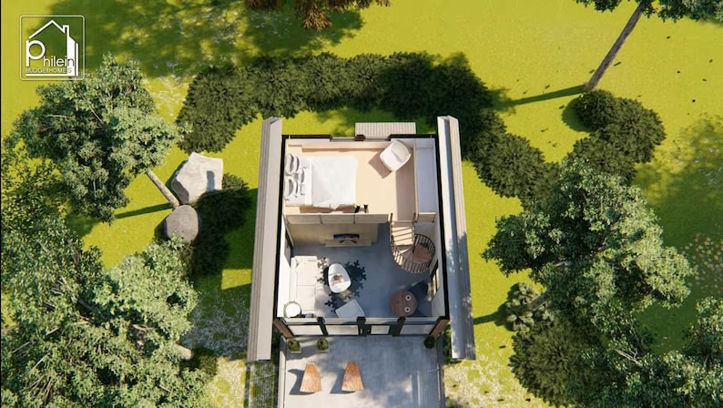 May include: An aerial view of a modern cabin with a bedroom, living area, and outdoor patio. The cabin is surrounded by lush greenery, including trees and bushes. The interior features a bed, sofa, and spiral staircase. The patio has two wooden chairs.