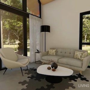 May include: A modern living room with a light gray sofa, a white oval coffee table, and a black floor lamp. A large window offers a view of the outdoors. The room is decorated with neutral colors and a patterned rug.